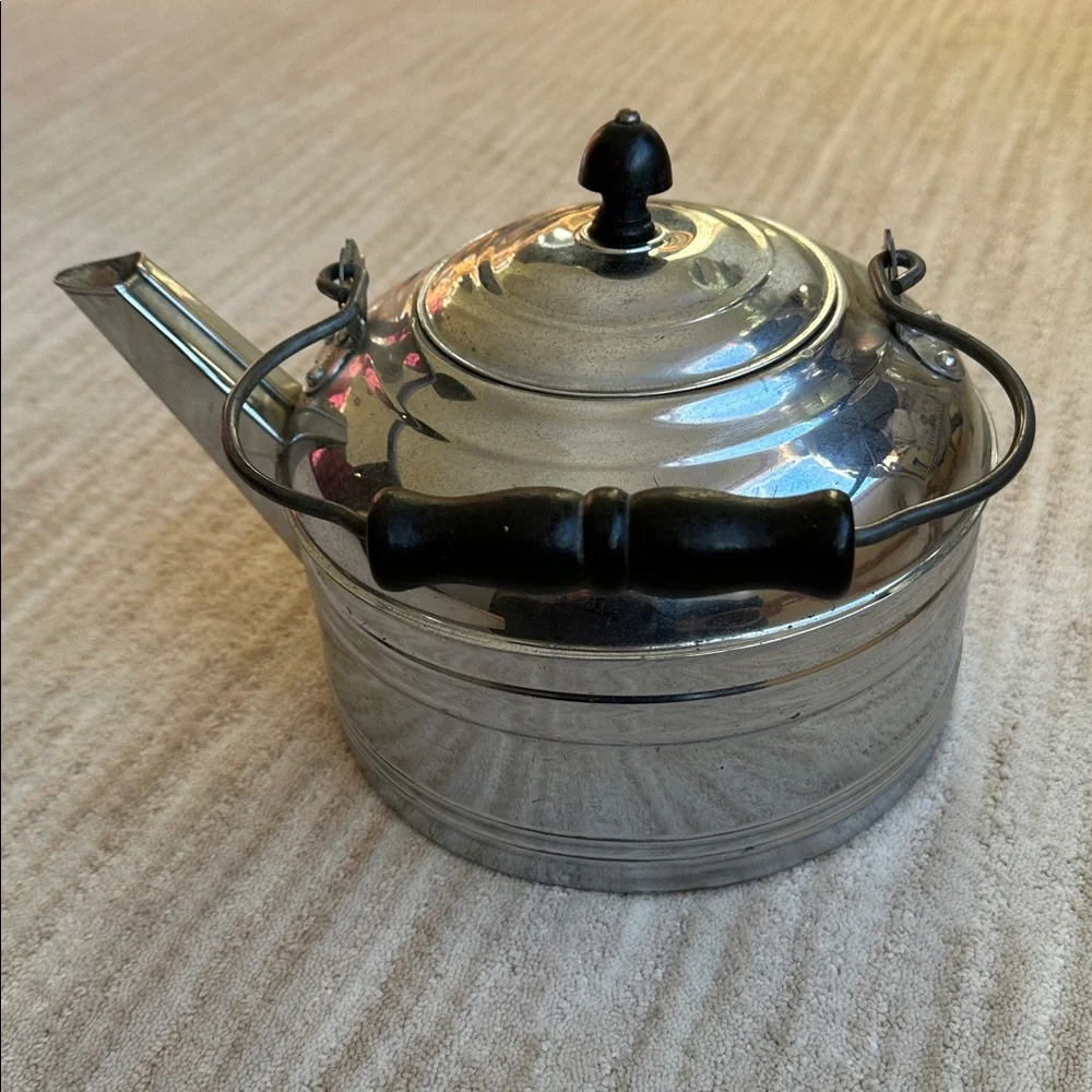 Large Revere Ware Tea Kettle Teapot Solid Chrome Plated Wire Bail Wood Handle